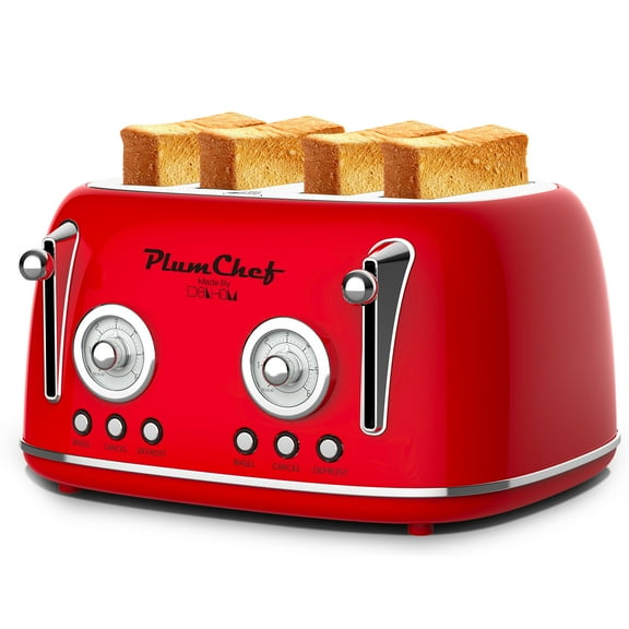 Plum Chef 4 Slice Toaster, Retro Stainless Steel with Bagel Defrost Cancel Function, 6 Browning Settings, Dual Control Toaster with Extre Wide Slot & Removable Crumb Tray, Red, 1650W