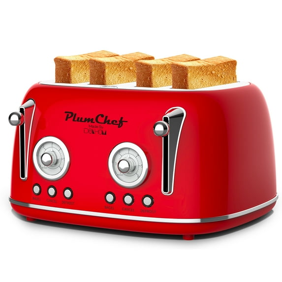 Plum Chef 4 Slice Toaster, Retro Stainless Steel with Bagel Defrost Cancel Function, 6 Browning Settings, Dual Control Toaster with Extre Wide Slot & Removable Crumb Tray, Red, 1650W