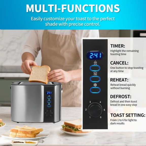 2 Slice Toaster with Extra Wide Slot, 6 Toast Settings, Reheat, Defrost, & Cancel Functions, Built-in Warming Rack, Countdown Timer, Stainless Steel