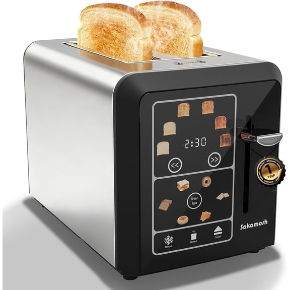 2 Slice Touch Screen Toaster 1.3" Wide Slots for Bals, Smart Digital Display Toaster with 6 Browning Levels & 6 Bread Types, Memory, Defrost, Reheat, Stainless Steel, 800W