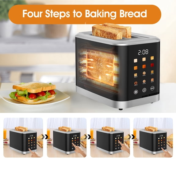 2 Slice Touch Screen Toaster | 1.5 Inch Wide Slot for Bread, English Muffins, Croissants, Bagels | 5 Adjustable Toast Settings, Cancel and Defrost, Supports 6 Bread Types and Shade Settings