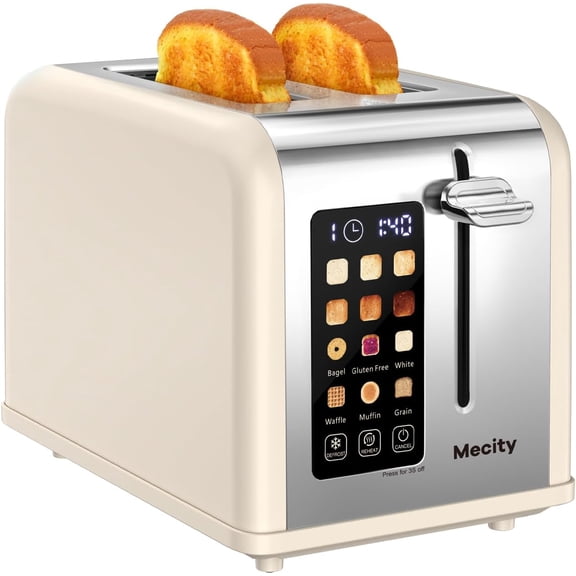 2 Slice Touch Screen Toaster, 1.5" Wide Slot, Stainless Steel Smart Toaster for Bagels, Muffins, Waffles, Gluten-Free Breads, Defrost, Reheat, Timer, 120V 825W, Cream Color