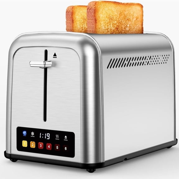 2 Slice Touch Screen Toaster Retro Stainless Steel Wide Slot 6 Shade Settings Silver for Waffles Bagels 238TC