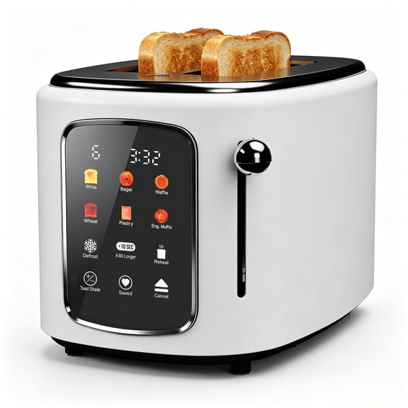 2-Slice Touchscreen Toaster, 6 Browning Levels, 1.5" Wide Slots, Reheat & Defrost for Bagels, Bread, Removable Tray, White