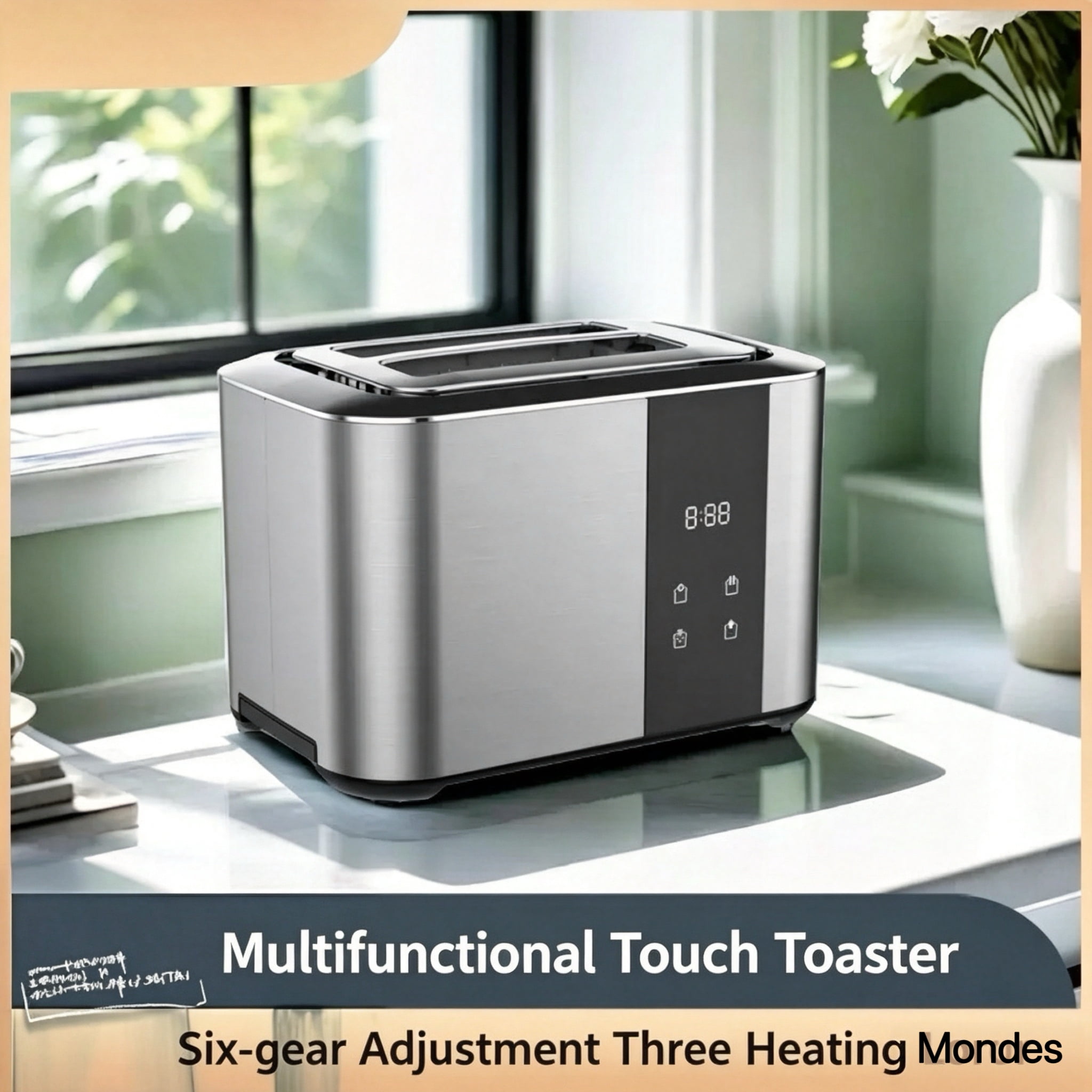 2-Slice Touchscreen Toaster, 850W Stainless Steel Digital Toaster with 6 Browning Levels, Touch Control, Removable Crumb Tray for Bread, Bagels