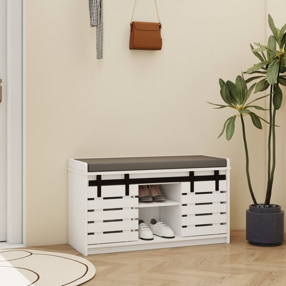 2-Sliding-Door Shoe Bench with Adjustable Shelves / Convenient Entryway Storage for Footwear