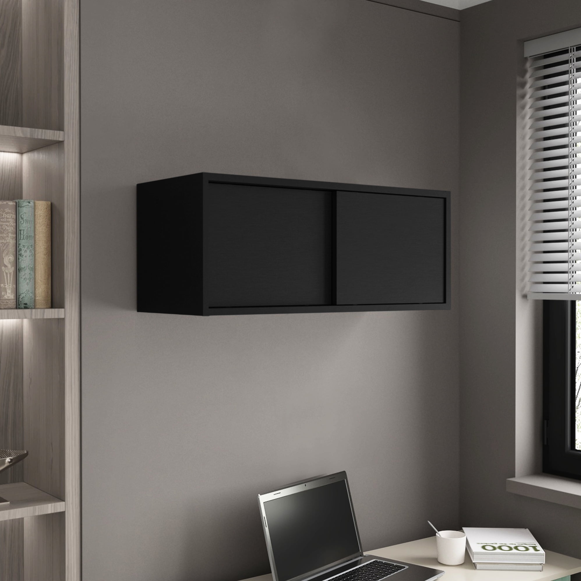 2 Sliding Doors Wall Cabinet, Black, 13" H, 1 Shelf For Efficient ...
