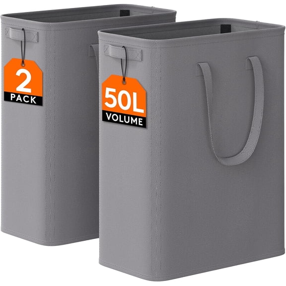 2  Slim Laundry Hamper, Collapsible Narrow Laundry Basket, Small Tall Dirty Clothes Hampers with Handles for Bathroom  College Dorm, Grey, 50L