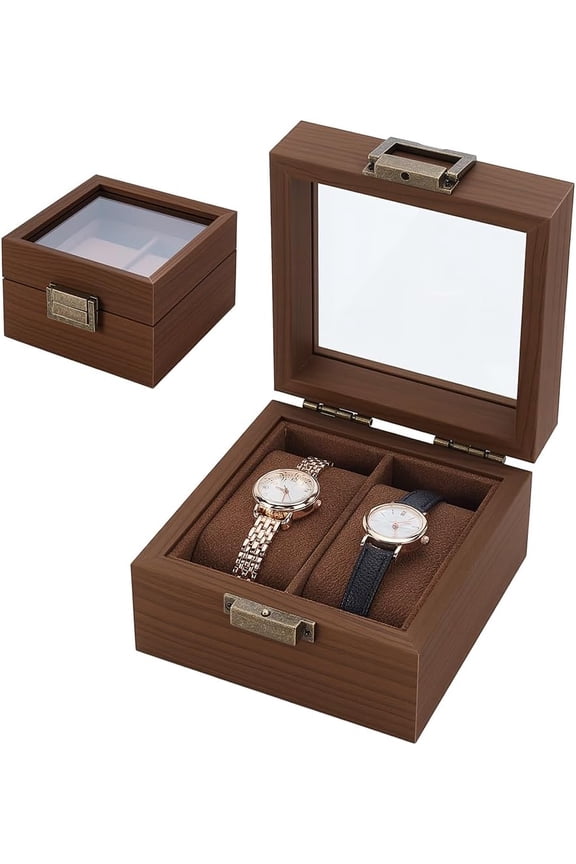 2-Slot Square Wood Watch Storage Boxes Watch Gift Case with Clear Glass Window for Gift Packaging Coconut Brown 11.8x12x7.4cm