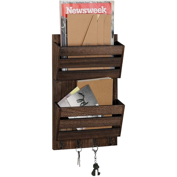 TUOREN 2 Slot Wall Mounted Mail Sorter, Newspaper Magazine Organizer with Hook, Dark Brown