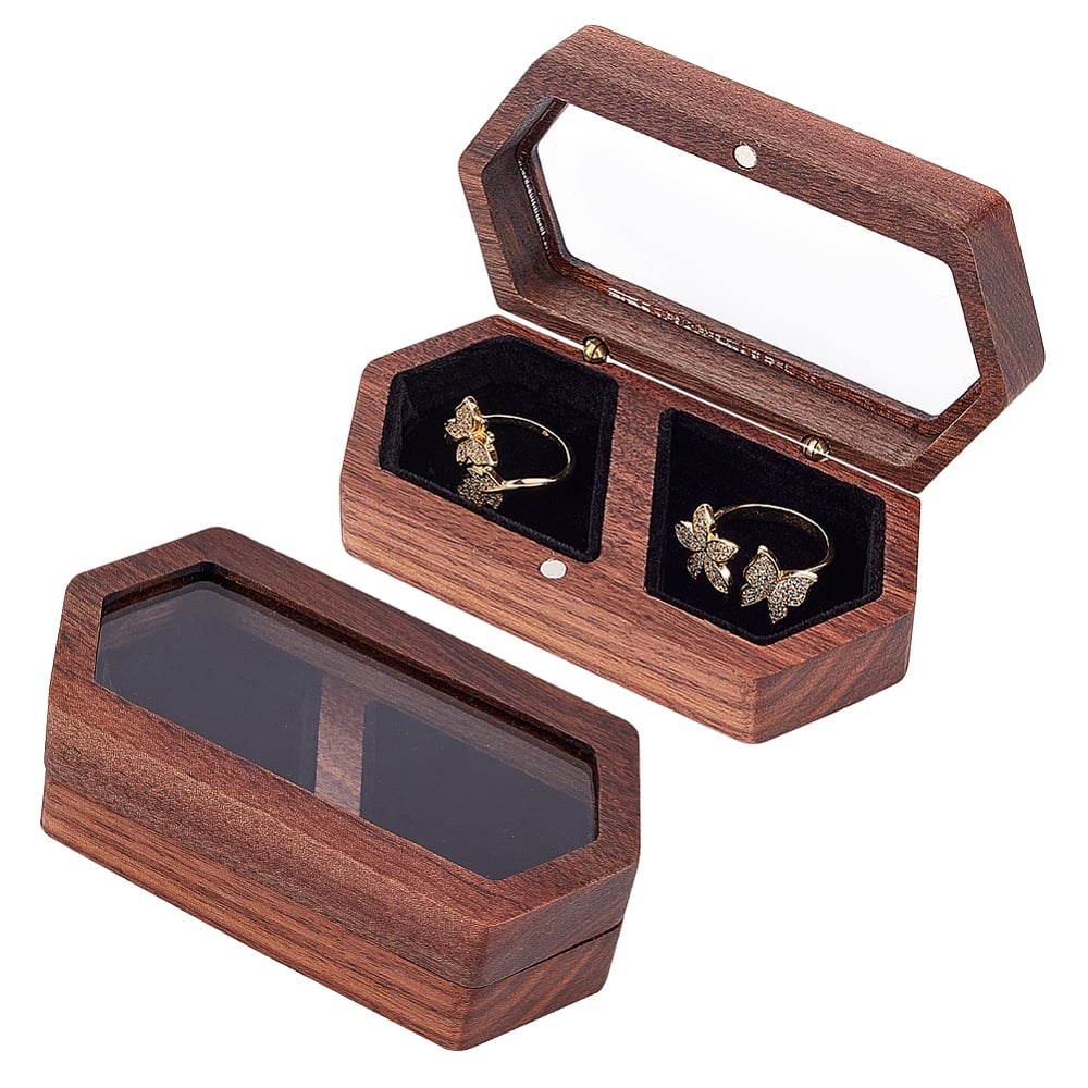 2-Slot Wooden Couple Rings Storage Boxes Clear Window Wedding Ring Case ...