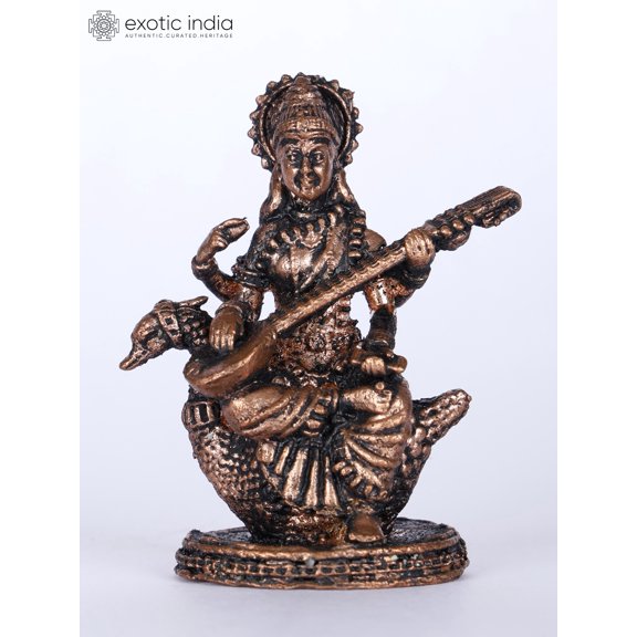 2" Small Devi Saraswati Copper Statue Seated on Swan