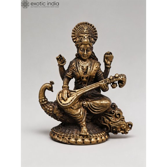 2" Small Devi Saraswati Playing Veena on Peacock - Goddess of Knowledge & Music | Copper Statue | Made in India
