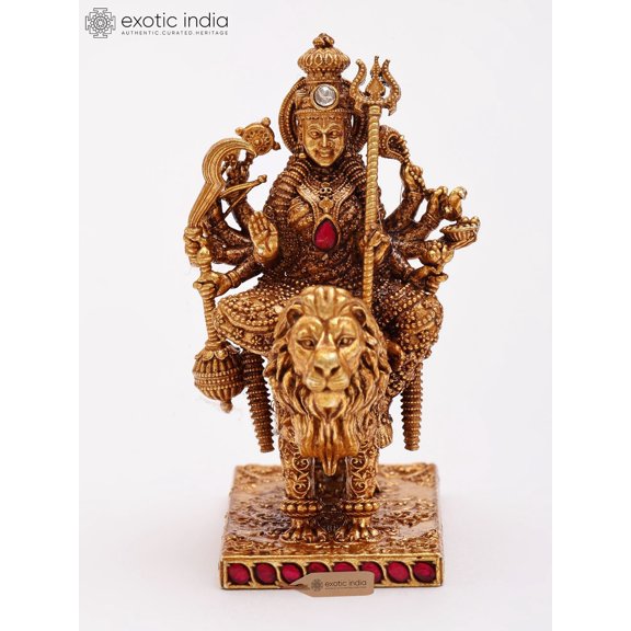 2" Small Superfine Goddess Durga (Sherawali Maa) Seated on Lion | Silver Statue