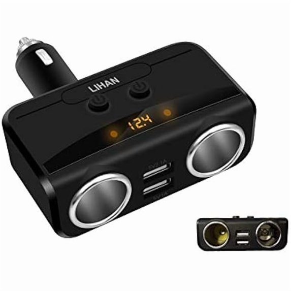 2 Socket Cigarette Lighter Adapter, Car Charger Plug Splitter with Dual USB Ports, 12V/24V Meter Monitor, Compatible with iPhone, LG, HTC, Samsung etc