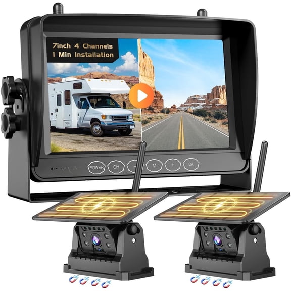 2 Solar Backup Camera for RV Trailer-7" 1080P with Recording,1-Min Install,No Delay,Wide View,IR Night Vision,4 Channels,-Sleep, Rearview Camera