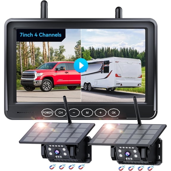 2  Solar  Backup Camera for RV  Trailer-7" 1080P  with Recording,1-Min Install,No Delay,Wide View,IR Night Vision,4 Channels,-Sleep, Rearview Camera