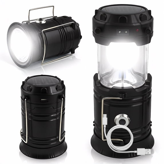 2 Solar Collapsible LED Lantern 3-in-1 Rechargeable, Flashlight & USB Power Bank - Portable, Bright, Eco-Friendly - Camping, Outdoor Activities, Emergencies (Black)
