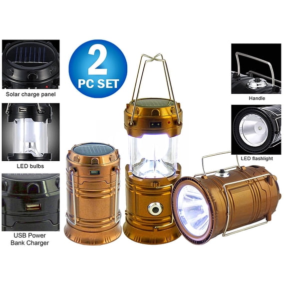 2 Solar Collapsible LED Lantern 3-in-1 Rechargeable, Flashlight & USB Power Bank - Portable, Bright, Eco-Friendly - Camping, Outdoor Activities, Emergencies (Copper)
