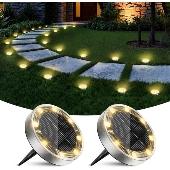 2  Solar Ground Lights Outdoor, 8  Mini Flat Solar Disk Lights, IP65  Anti-Rust Disc Light, Landscape Lighting for Garden Pathway Yard Walkway Driveway Lawn,Warm White