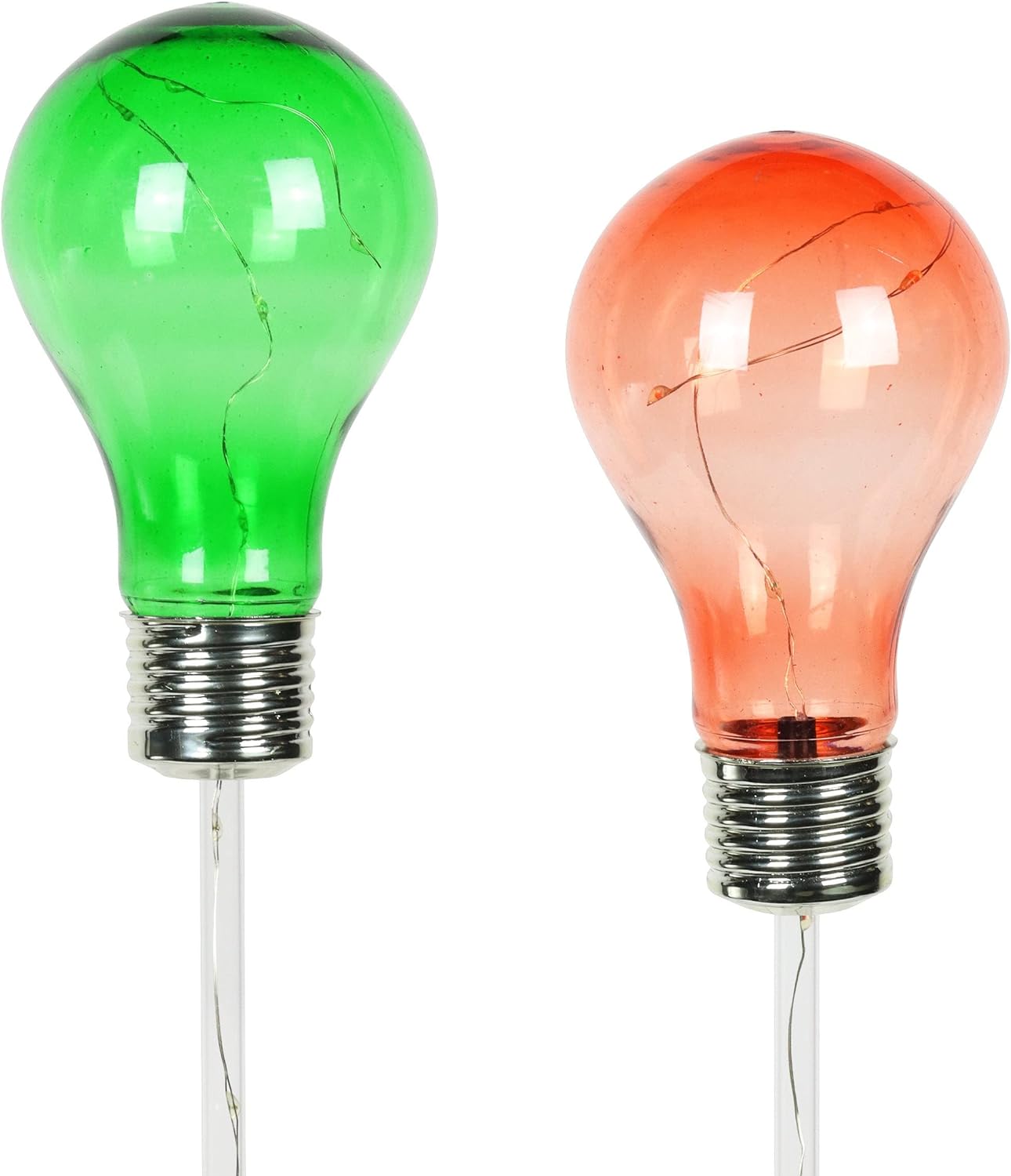 2 Solar Holiday Light Bulb Stakes, Green & Red, Christmas Garden Décor