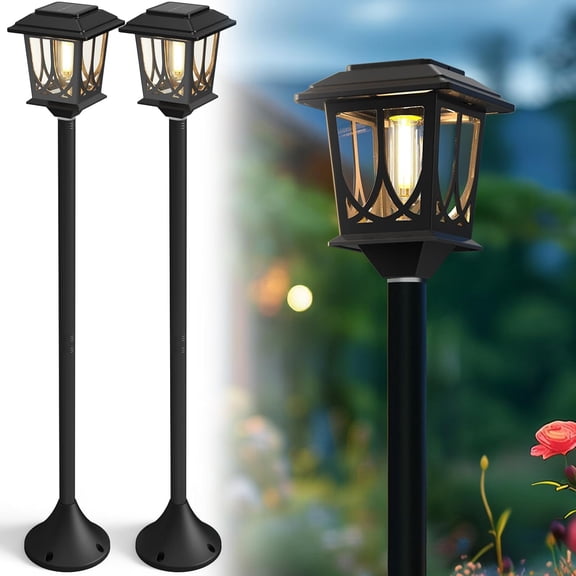 2  Solar Lamp  Light, 40" H Outdoor Stainless  Pole Solar Garden Lights,  3000K Warm White  /Off for Patio Backyard Pathway Front (No Wiring Needed)