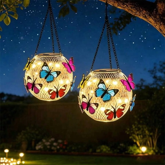 2 Solar-Powered Butterfly Outdoor Hanging Lights, Solar-Powered Wrought Iron Openwork Butterfly Chandelier, Outdoor Solar-Powered Hanging Lights, Outdoor Waterproof IP65 Garden/Courtyard Decor