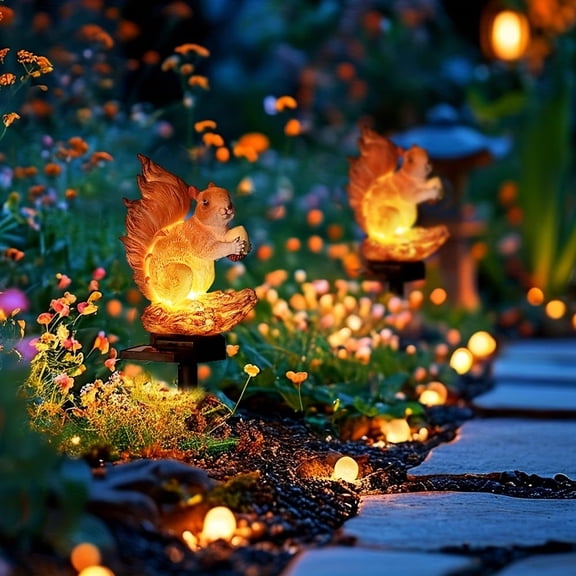 2 Solar Squirrel Statue Lights Resin LED Garden Decor Warm Yellow Glow
