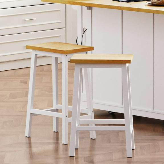Of 2 Solid Wood Kitchen Bar Chairs, 25.6" Tall, White, Style And Footrest For Frequent Use Counter Stools 2, White With Footrests, Modern Home Seating