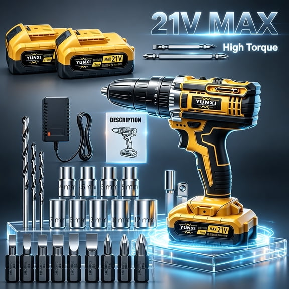 2-Speed Cordless Drill Driver Set, High Torque Power Drill Kit with 2 Batteries, Charger & Contractor Bag