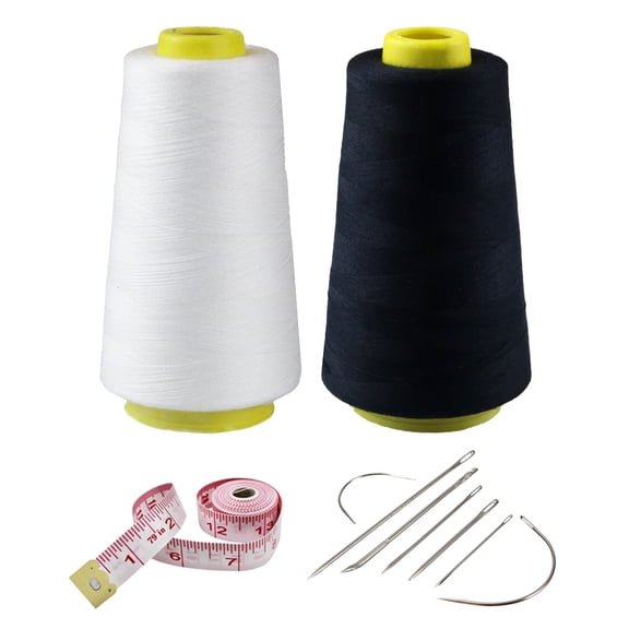 2 Spools Sewing Thread Kit Polyester Sewing Thread Spools, 3000 Yards Each Spool, 40s/2 All-Purpose Connecting Threads for Sewing Machine and Hand Repair Works - White + Black