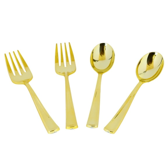 2 Spoons + 2 Forks Combo Gold Serving Set – Elegant, Durable, and Reusable Tableware for All Occasions, Disposable Plastic Serving Spoons and Forks, Elegant Flatware Set for Parties, Events (132)