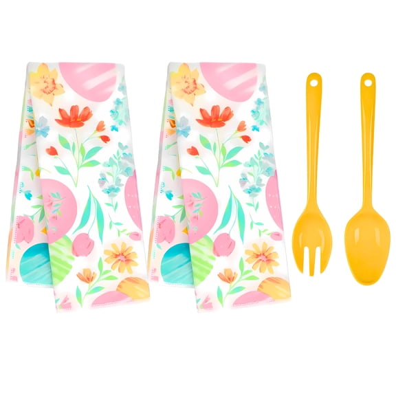 (2) Spring Floral Kitchen Towels, 15x25in and Yellow Serving Utensil Set, 4-Piece Easter-Themed Housewarming Gift Set Collection Seasonal Charm Stylish Decor Durable Multipurpose Home Essential