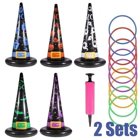 2 Ssets Halloween Witch Game Halloween Party Games Inflatable Witch Hats Ring Toss Set with 20 Colorful Plastic Rings Air Pump for Indoor Outdoor Family Fun Kids Party Activity