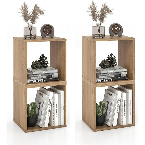 2 Stackable Cubes Bookcase, Wooden Cubby Storage Organizer with Anti-Tipping Device, Small Book Shelf for Small Space, Combination Square Bookshelf Cubes (2, Natural)