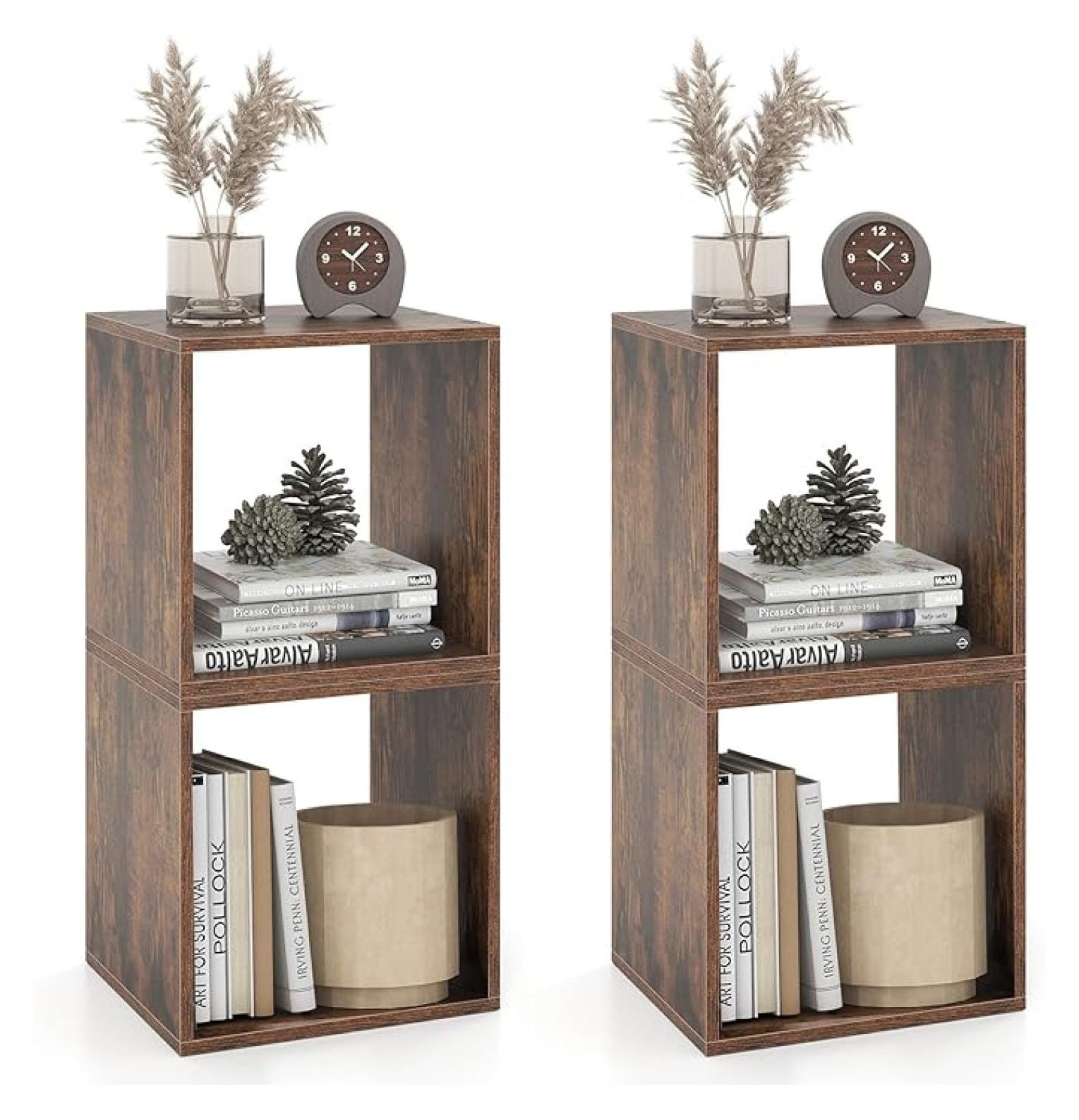 2 Stackable Cubes Bookcase, Wooden Cubby Storage Organizer with Anti-Tipping Device, Small Book Shelf for Small Space, Combination Square Bookshelf Cubes (2, Rustic Brown)