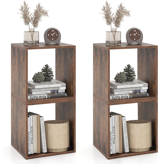 2 Stackable Cubes Bookcase, Wooden Cubby Storage Organizer with Anti-Tipping Device, Small Book Shelf for Small Space, Combination Square Bookshelf Cubes (2, Rustic Brown)