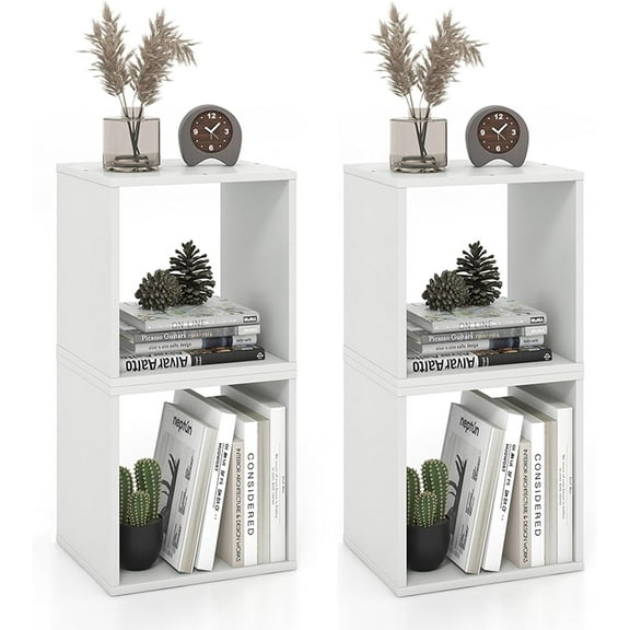2 Stackable Cubes Bookcase, Wooden Cubby Storage Organizer with Anti-Tipping Device, Small Book Shelf for Small Space, Combination Square Bookshelf Cubes (2, White)