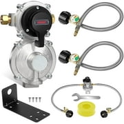 2-Stage Automatic Changeover LP Propane Gas Regulator with Two 18" RV Pigtail Propane Hoses with Gauge, Stainless Braided QCC1 1/4" Inverted Male Flare, Ideal for Trailers and Camper RVs