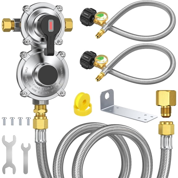 2-Stage Automatic Changeover RV Propane Regulator with 18" LP Pigtail Hoses & Gauge and 5FT Outlet Extension Hose, Braided QCC1 1/4" Inverted Male Flare for RVs, Campers, Trailers