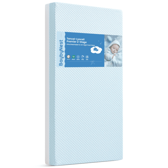 2-Stage Dual Firmness Crib Mattress 52"x27.5"x6", Tencel-Lyocell Cover, Gel Memory Foam, Washable Removable Cover, Standard Crib Fit, Blue & White