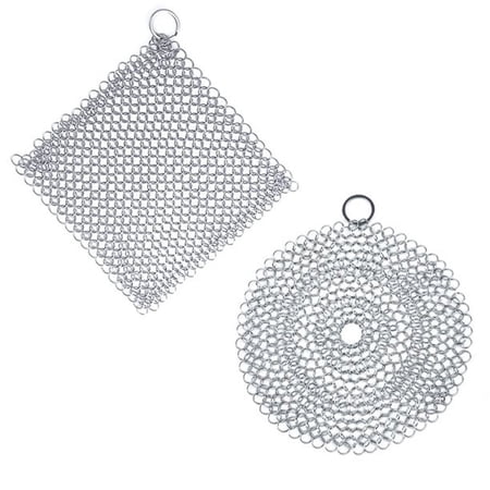 2 Stainless Steel Cast Iron Skillet Cleaner Chainmail Cleaning Scrubber With Hanging Ring for Cast Iron Pan,Pre-Seasoned Pan,Griddle Pans, BBQ Grills and More Pot Cookware - Square Circular 4x4 In