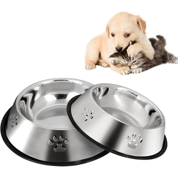 2 Stainless Steel Dog Bowls, Puppy Cat Feeding Bowls, Cat Plate Bowls with Rubber Base, Mini and Small Pet Feeder Bowls and Water Bowls