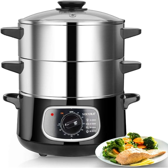 2 Stainless Steel Food Steamer 8.5 Qt Electric Glass Lid Vegetable Double Tiered Stackable Baskets with Timer