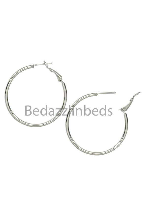 2 Stainless Surgical Steel Silver Hoop Earrings with Hinged Leverback Latch (40mm (1 1/2 inch))