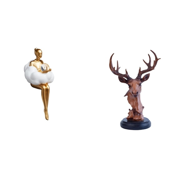 2 Statues Art Figurine Deer Head Sculpture Abstract Resin Material Creative Accent for Living Room Bedroom Study Shelf