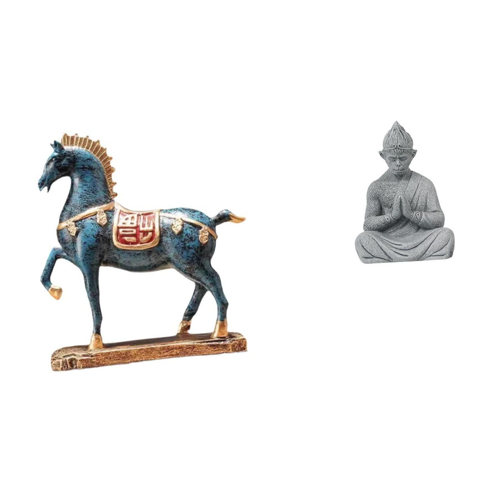 2 Statues Horse Figurine Monkey Buddha Animal Sculpture Resin Craft for Office Bookcase Garden Decor