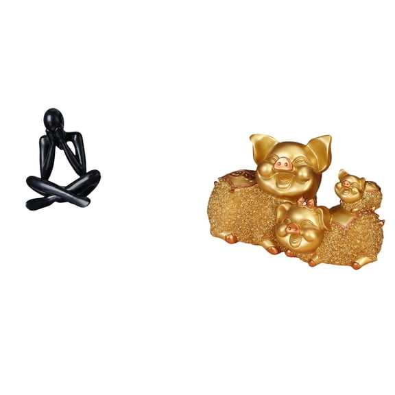 2 Statues Thinker Abstract Sculpture Lucky Pig Figurine Resin Material for Home Office Bookshelf Display