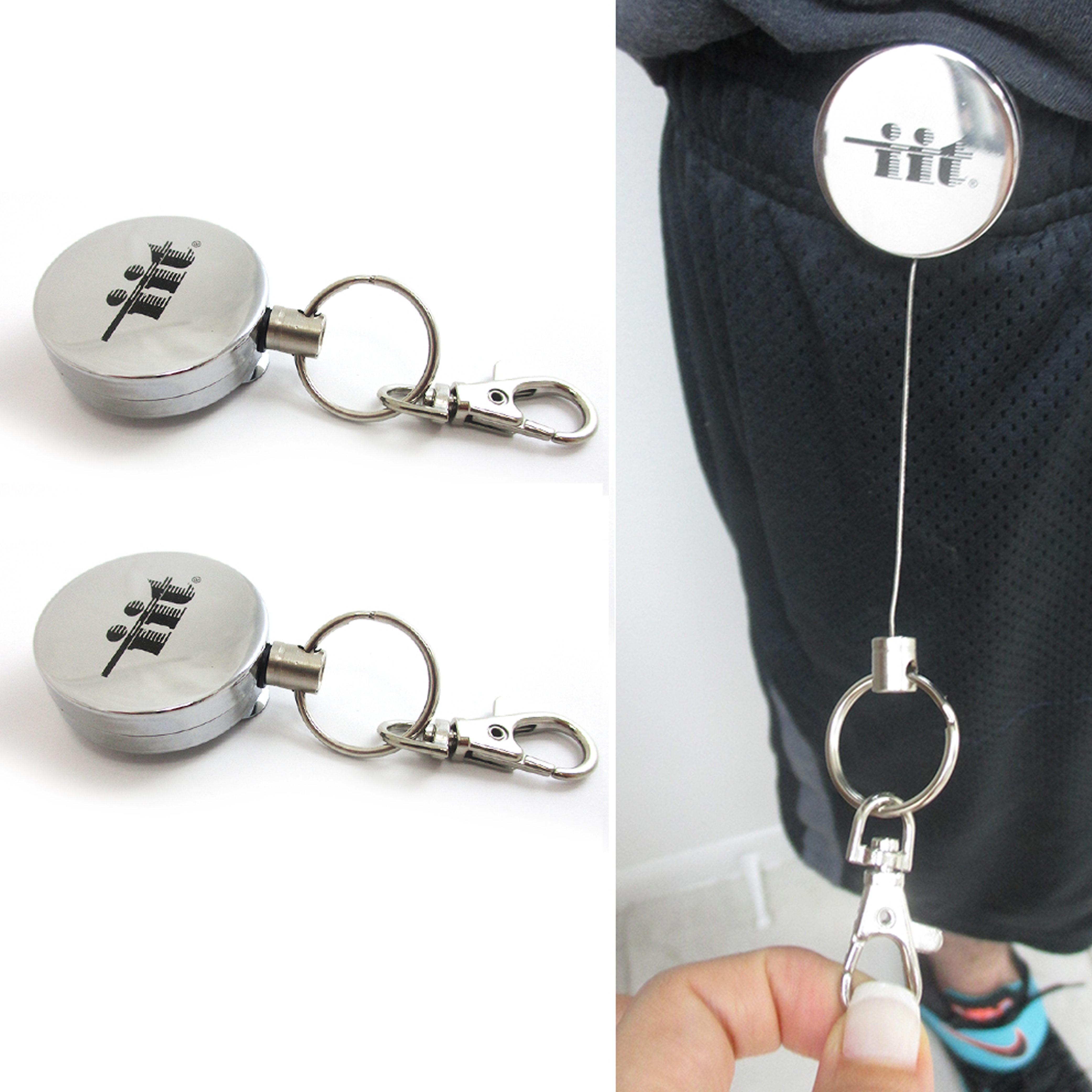 2 Steel Retractable Key Ring Clip On Pull Chain Id Holder Reel