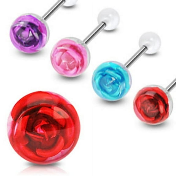 2 Steel Rose Flower Tongue rings barbells red blue pink purple 14g gauge 5/8// Choose 2 colors - Colors=Red Red